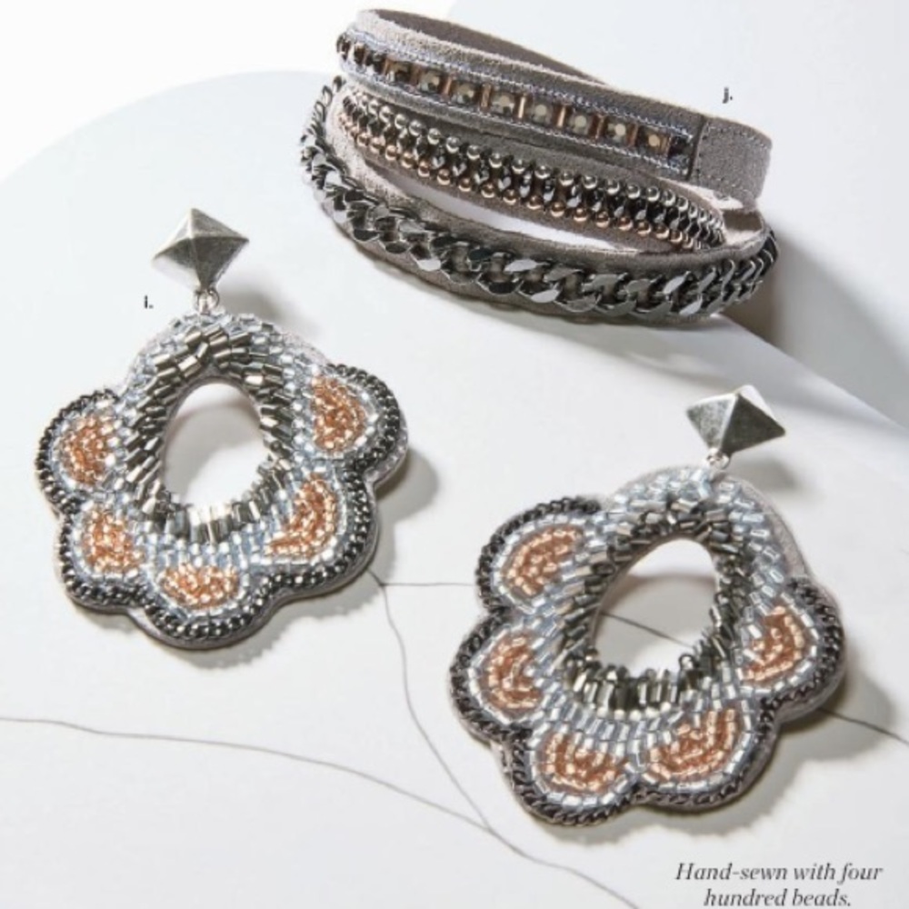 Stella & Dot | Black, Gray & Gold Hand Beaded Dove Statement Earrings